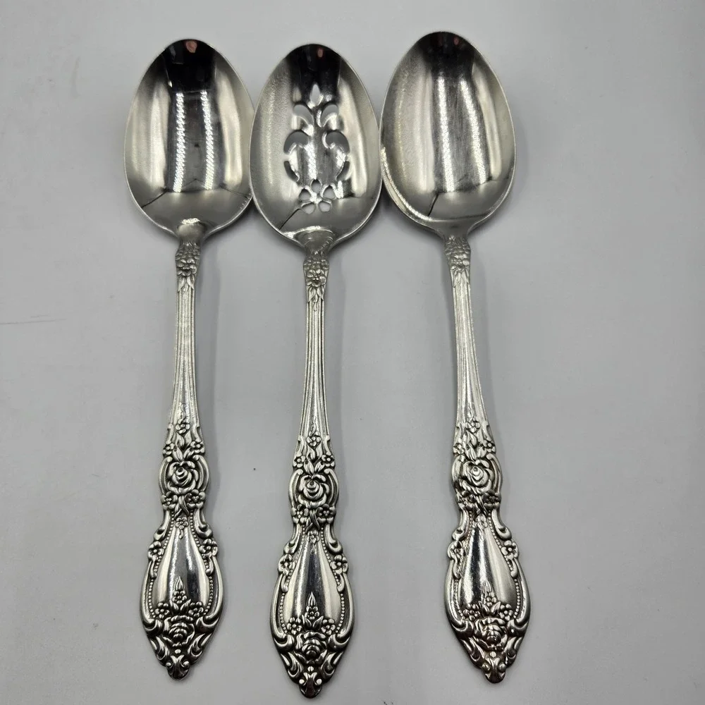 Vtg Oneida USA Canada Wordsworth Brahms Flatware Rose Daisy 3 Serving Spoons Exc